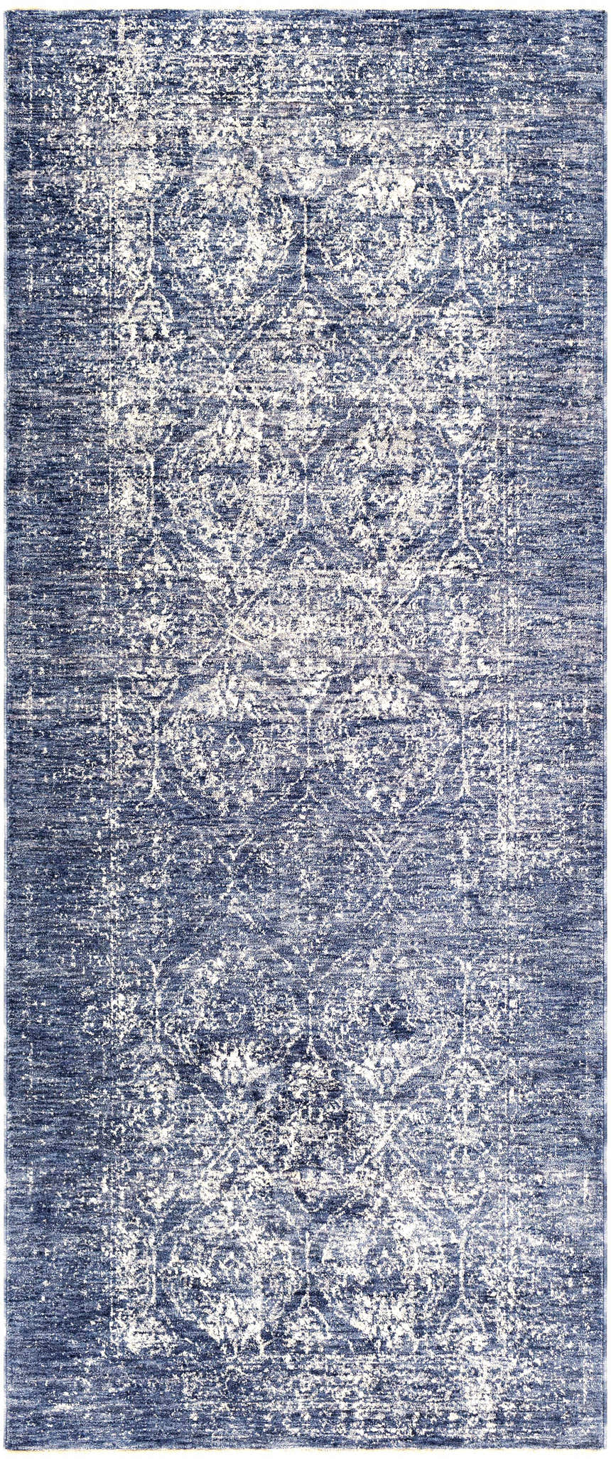 Close-up of the Barboursville Area Rug in denim and white, featuring a distressed vintage Oriental pattern. Design-Runner-338