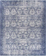 Close-up of the Barboursville Area Rug, a machine-woven polyester rug in denim and light beige with a traditional oriental pattern. Design-Rectangle-810