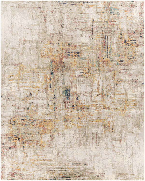 Close-up of the Birchgrove Area Rug showing its abstract design with cream, gray, red, mustard, and blue colors. Design-Rectangle-71010