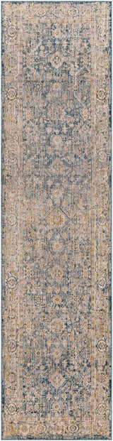 Detailed texture of a Barcelona Luxe Performance Rug in denim, beige, and mustard with a traditional oriental pattern. Design-Runner-2710