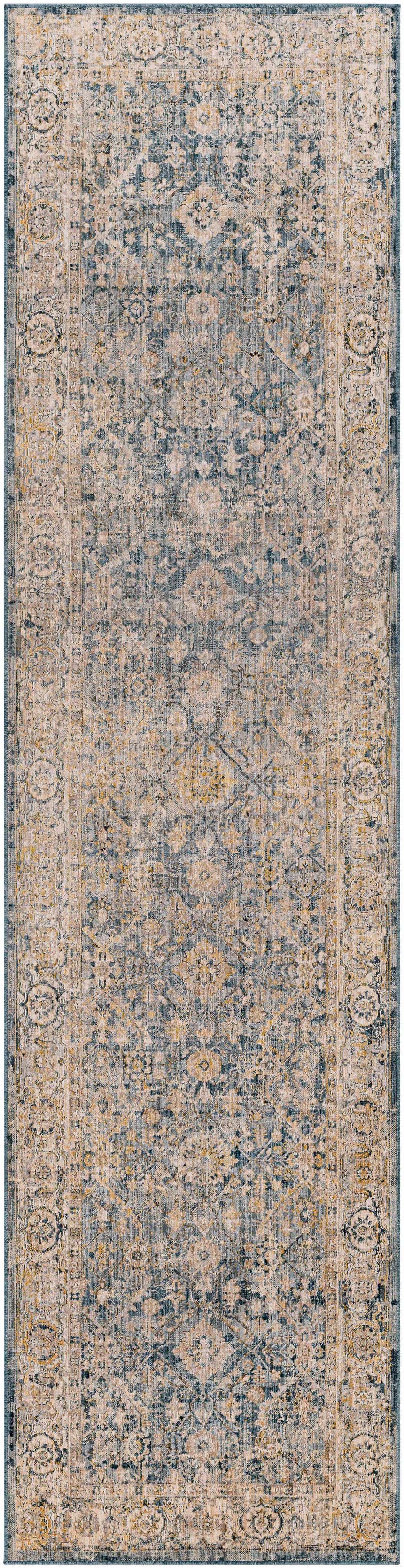 Detailed texture of a Barcelona Luxe Performance Rug in denim, beige, and mustard with a traditional oriental pattern. Design-Runner-2710