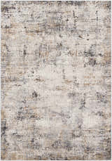 Close-up of the Braddyville Area Rug featuring a contemporary abstract design in black, brown, cream, and gray tones. Design-Rectangle-537