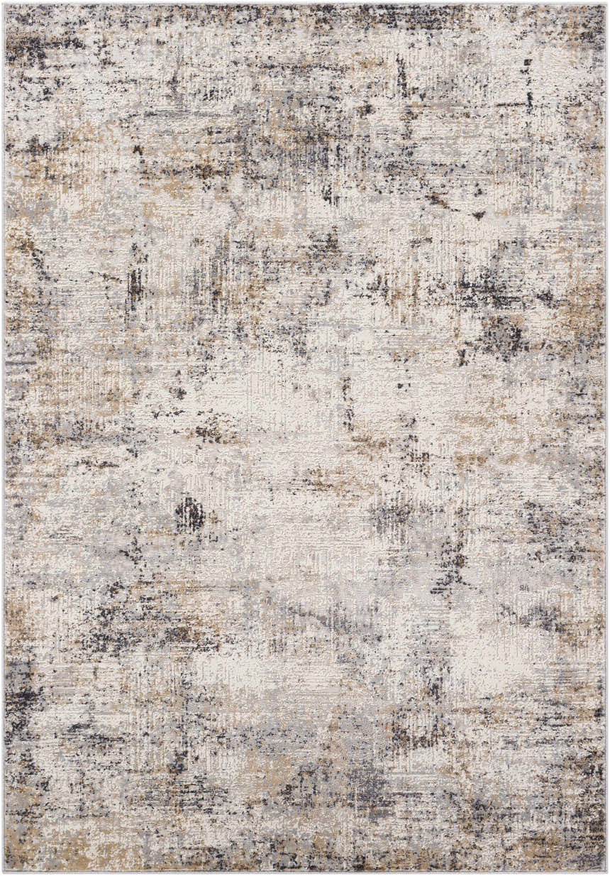 Close-up of the Braddyville Area Rug featuring a contemporary abstract design in black, brown, cream, and gray tones. Design-Rectangle-537