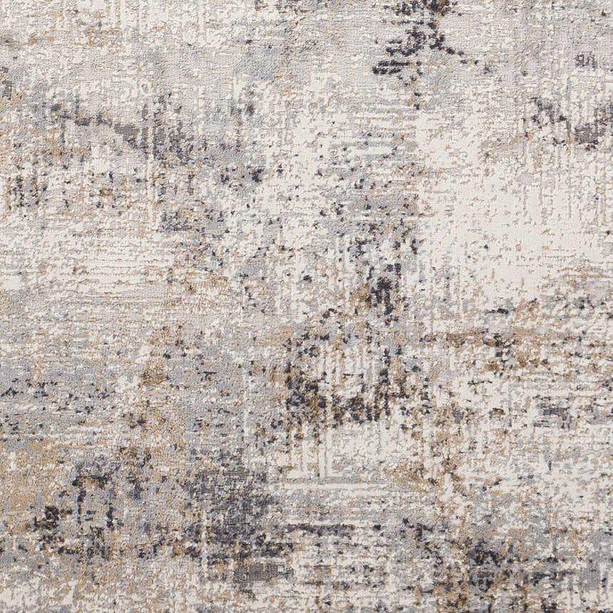 Close up of the Braddyville Area Rug showing its black, brown, gray, and cream contemporary pattern. Swatch