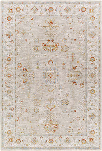 Detailed beige Bradley Oushak Thick Luxe Area Rug with brick red, mustard, and blue floral and geometric traditional pattern. Design-Rectangle-6796