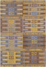Close-up of the Bearden Area Rug. Hand-woven recycled PET yarn rug in aqua, brown, gold, and light blue with a traditional pattern. Design-Rectangle-576