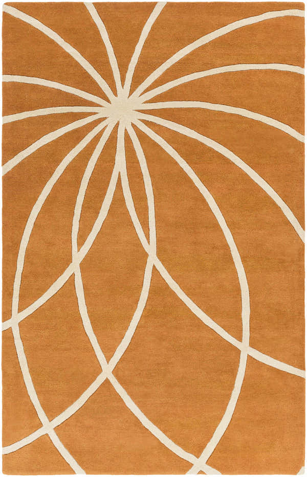 Close-up of the Bradner Area Rug. Burnt orange wool with ivory geometric pattern, hand-tufted texture. Contemporary style. Design-Rectangle-58