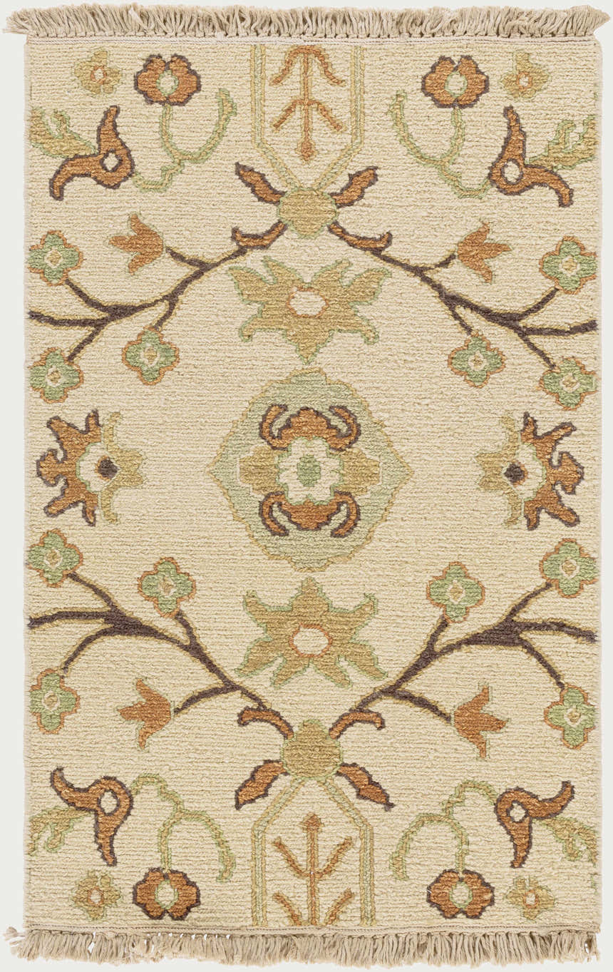 Close-up of the Brentford Carpet. Hand-knotted wool rug with a farmhouse style floral pattern in oatmeal, brown, and olive. Design-Rectangle-23
