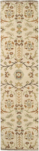 Close-up of the Brentford Carpet runner. Features a traditional floral pattern in oatmeal, brown, olive, and tan. Hand-knotted wool texture. Design-Runner-2610