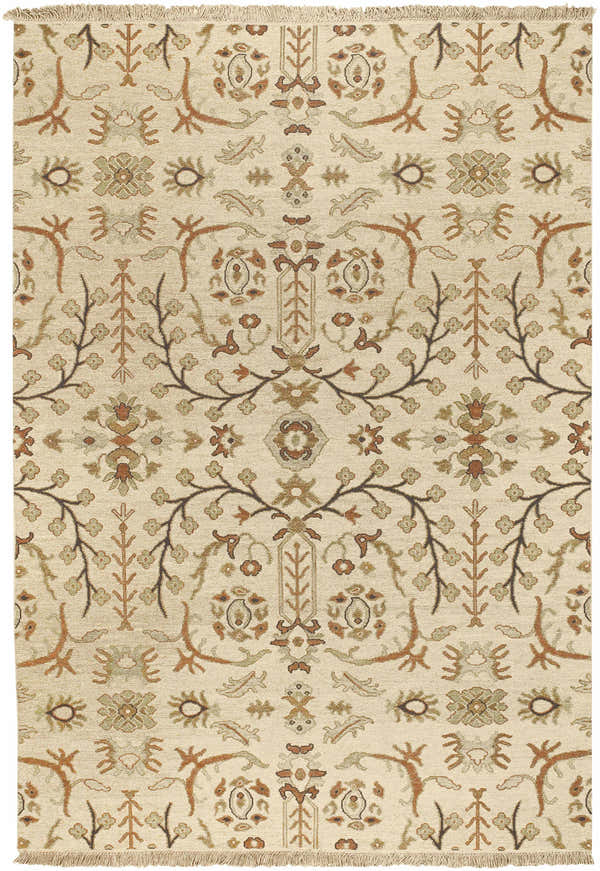 Close-up of the Brentford Carpet. Hand-knotted wool rug in oatmeal, brown, and olive with a traditional floral and branch pattern. Design-Rectangle-69