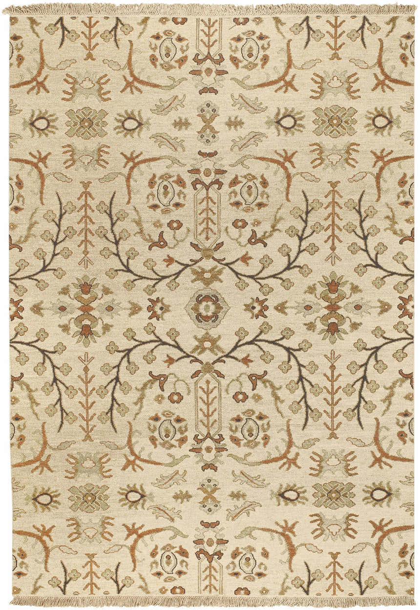 Close-up of the Brentford Carpet. Hand-knotted wool rug in oatmeal, brown, and olive with a traditional floral and branch pattern. Design-Rectangle-69