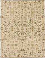 Close-up of the Brentford Carpet in oatmeal, brown, and olive. Hand-knotted wool rug with a traditional floral pattern. Design-Rectangle-810