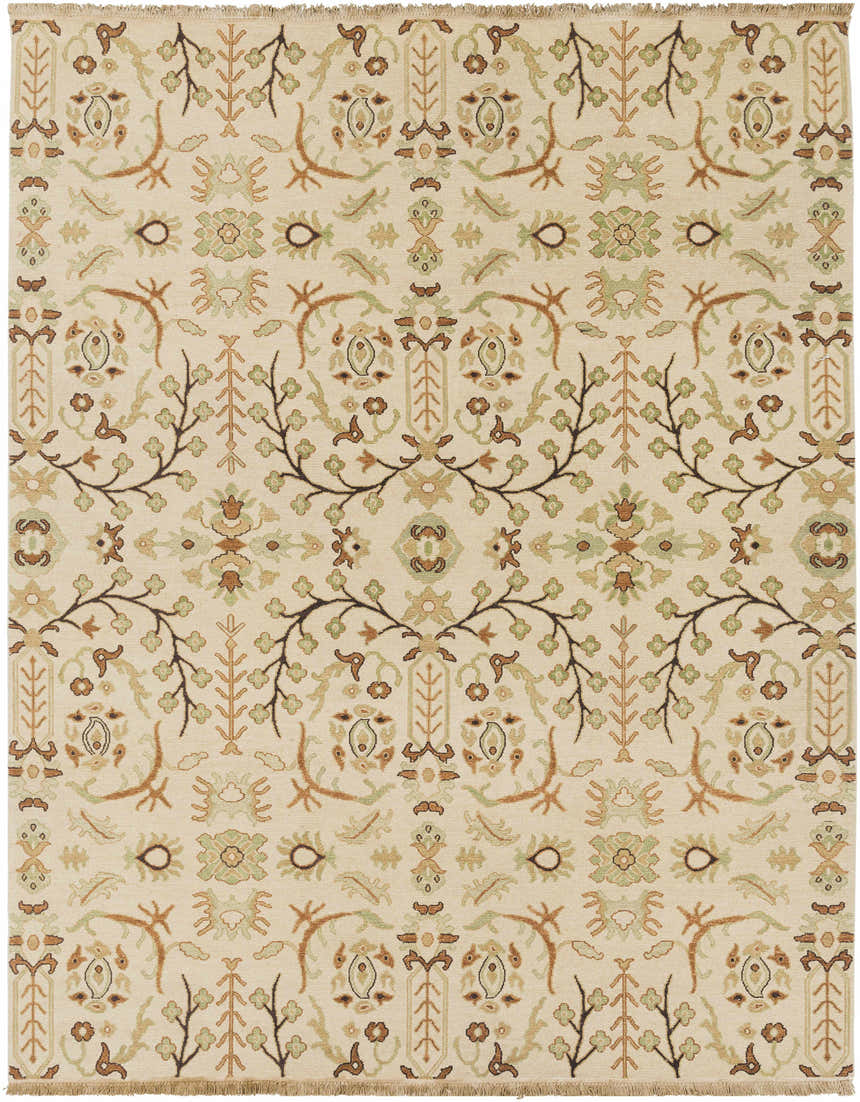 Close-up of the Brentford Carpet in oatmeal, brown, and olive. Hand-knotted wool rug with a traditional floral pattern. Design-Rectangle-810
