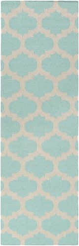 Close-up of Bretz Area Rug. Hand-woven wool rug with a seafoam and light gray quatrefoil pattern. Design-Runner-268
