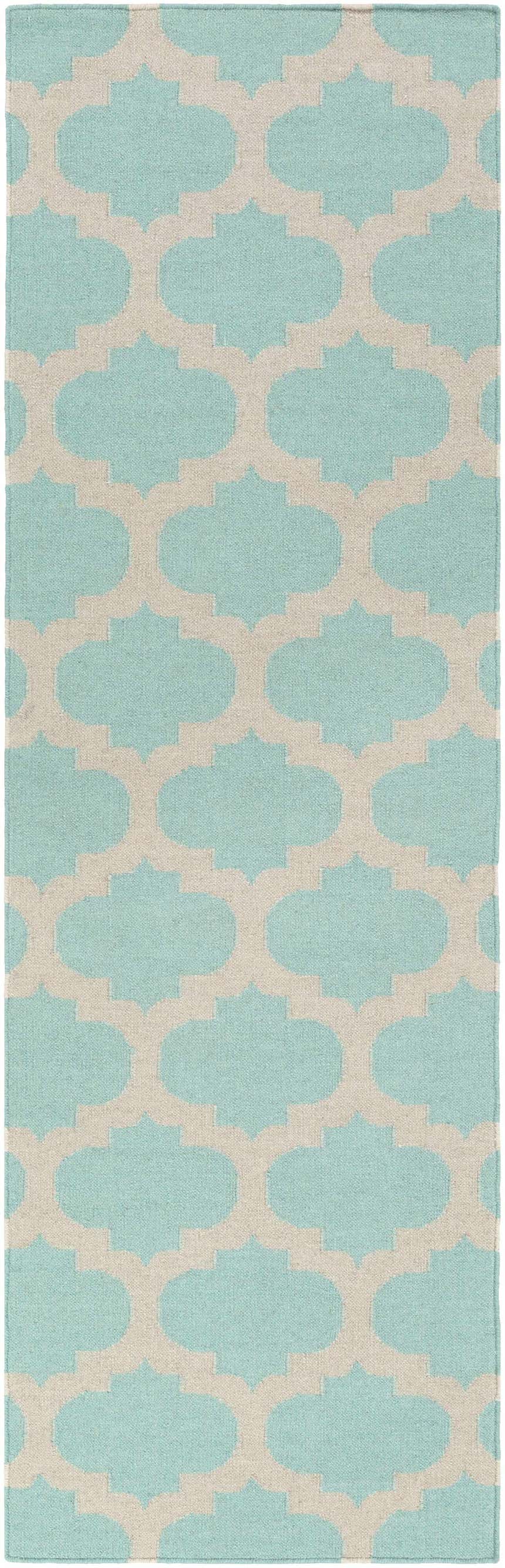 Close-up of Bretz Area Rug. Hand-woven wool rug with a seafoam and light gray quatrefoil pattern. Design-Runner-268