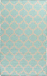 Bretz Area Rug in light gray and seafoam. Hand-woven wool rug with a quatrefoil pattern. Contemporary, farmhouse style. Design-Rectangle-58