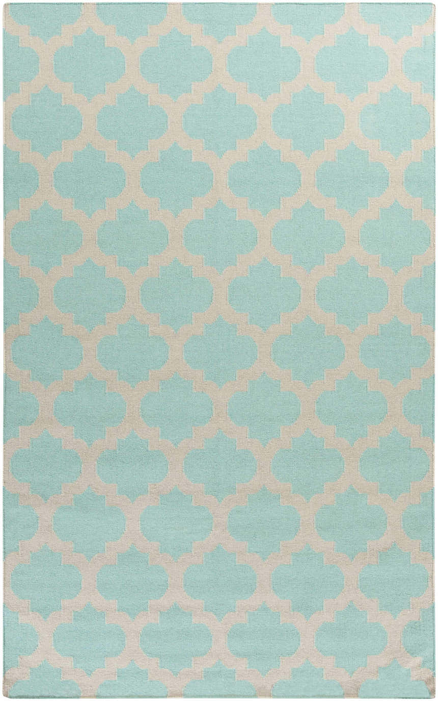 Bretz Area Rug in light gray and seafoam. Hand-woven wool rug with a quatrefoil pattern. Contemporary, farmhouse style. Design-Rectangle-58