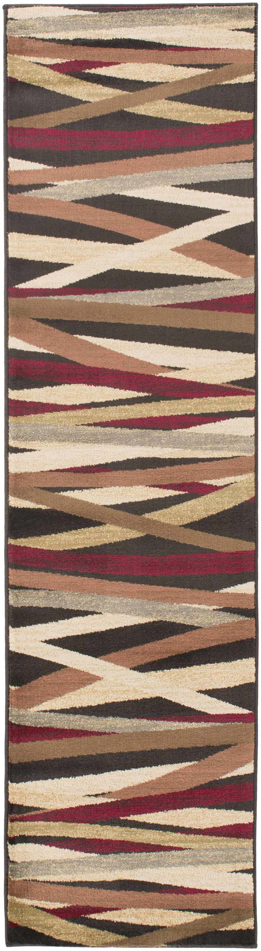 Close-up of Brevard Striped Area Rug. Features beige, brown, red, and gray stripes in a contemporary pattern. Design-Runner-275