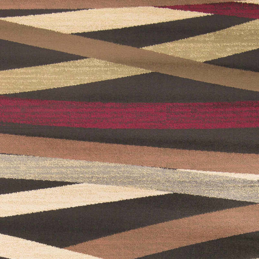 Close-up of Brevard Striped Area Rug. Beige, brown, dark red, and gray stripes create a contemporary geometric pattern. Swatch