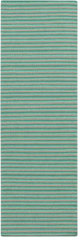 Close-up of the hand woven Bergheim Area Rug. Aqua and medium gray stripes create a farmhouse style pattern. Design-Runner-268