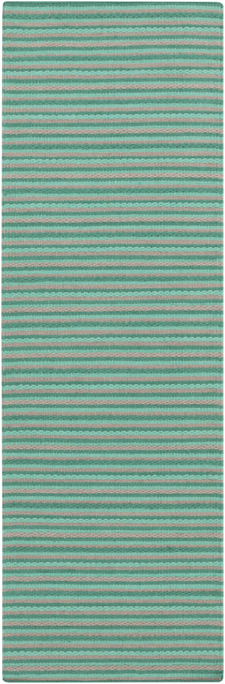 Close-up of the hand woven Bergheim Area Rug. Aqua and medium gray stripes create a farmhouse style pattern. Design-Runner-268