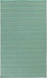 Close-up of the hand woven Bergheim Area Rug. Aqua and medium gray stripes create a farmhouse style. 100% wool texture. Design-Rectangle