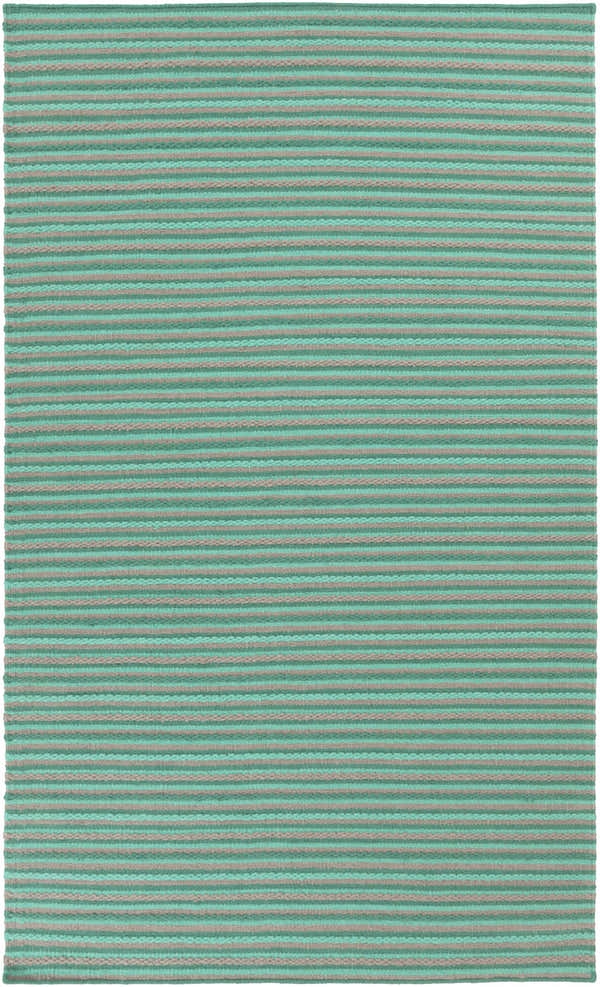 Close-up of the hand woven Bergheim Area Rug. Aqua and medium gray stripes create a farmhouse style. 100% wool texture. Design-Rectangle