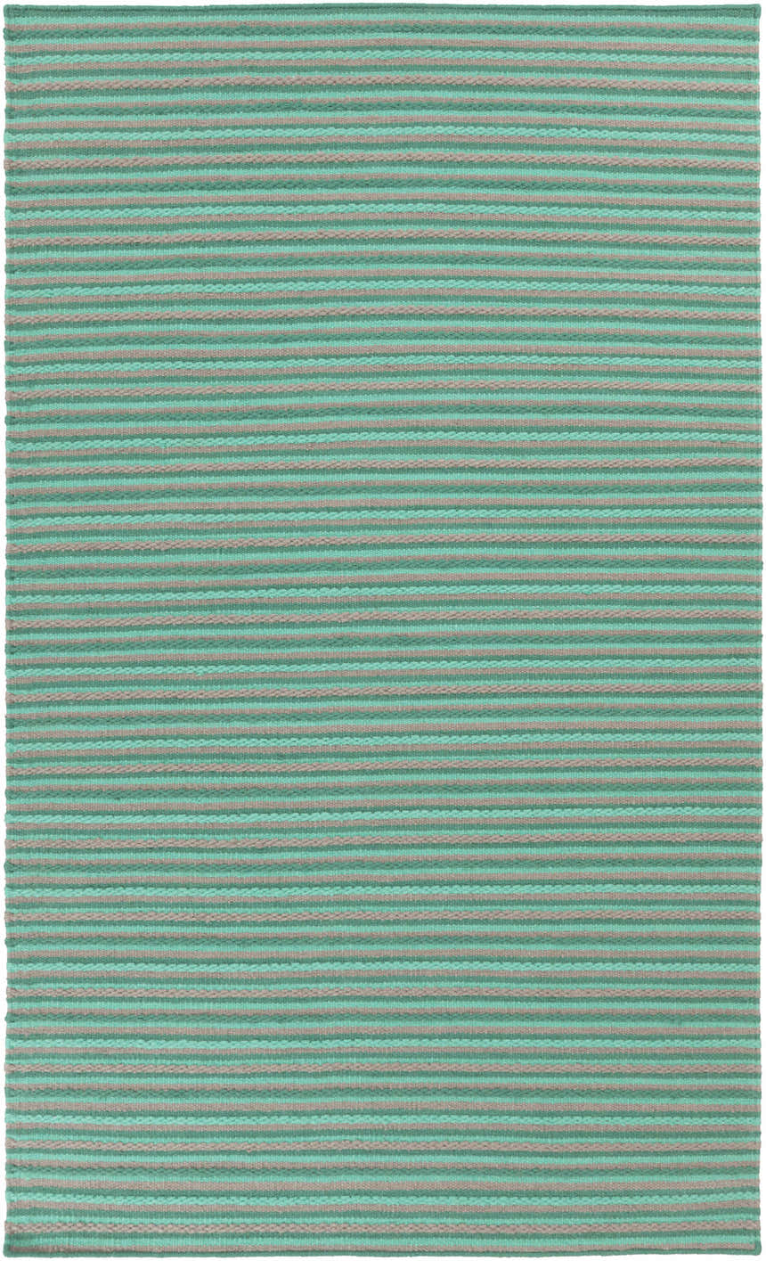Close-up of the hand woven Bergheim Area Rug. Aqua and medium gray stripes create a farmhouse style. 100% wool texture. Design-Rectangle