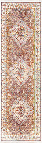 Close-up of a Bourget Area Carpet runner. Brick red, cream, blue, and gray bohemian-style rug with an oriental pattern. Design-Runner-279