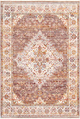 Close-up of the Bourget Area Carpet. Bohemian-style rug in brick red, cream, and beige with a traditional floral pattern. Design-Rectangle-579