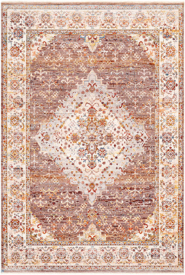 Close-up of the Bourget Area Carpet. Bohemian-style rug in brick red, cream, and beige with a traditional floral pattern. Design-Rectangle-579