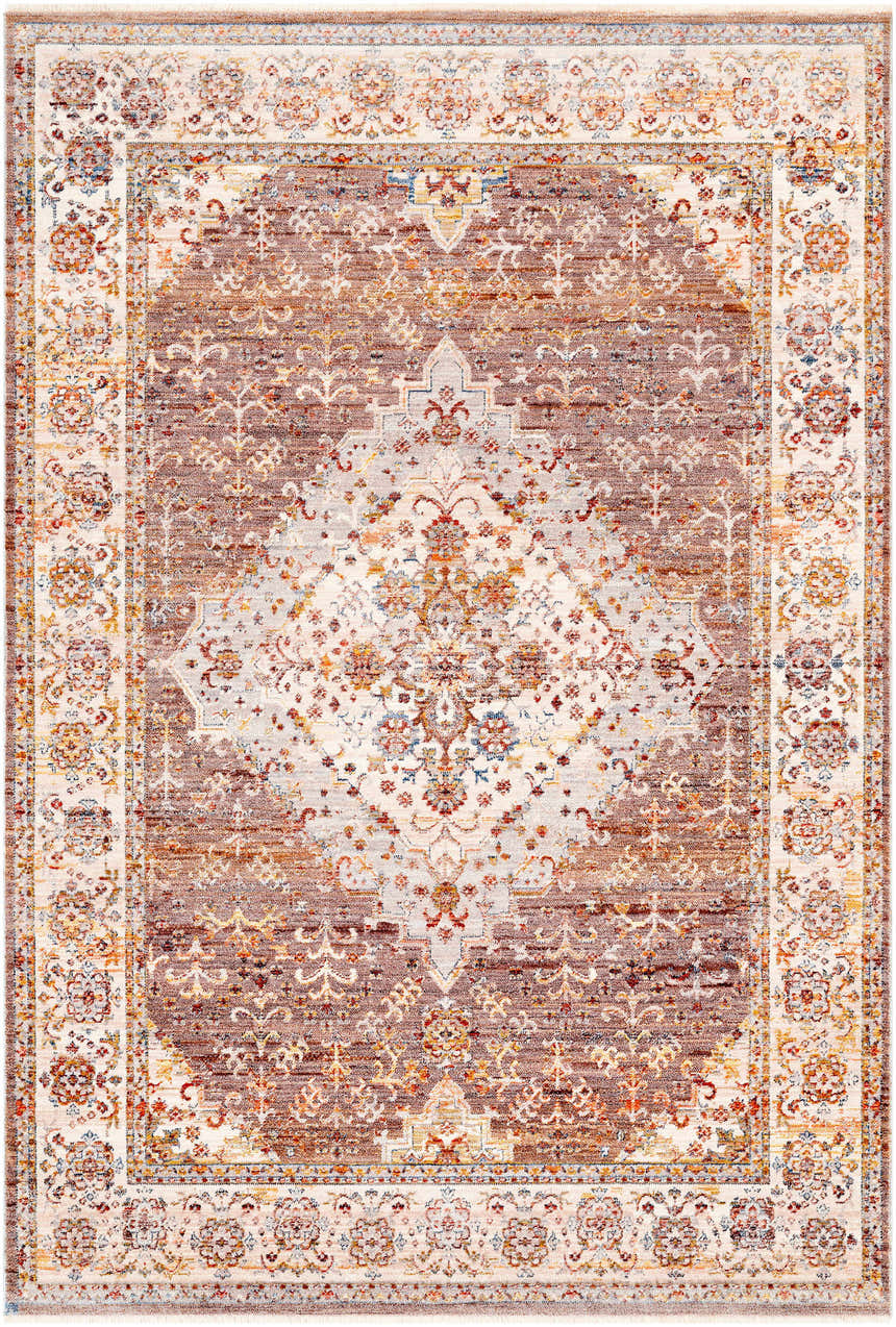 Close-up of the Bourget Area Carpet. Bohemian-style rug in brick red, cream, and beige with a traditional floral pattern. Design-Rectangle-579