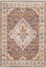 Detailed Bourget Area Rug with brick red, cream, and gray floral pattern. Bohemian style machine woven polyester rug. Design-Rectangle-58