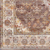 Close-up of the Bourget Area Carpet showing its brick red, cream, and brown traditional floral pattern. Swatch
