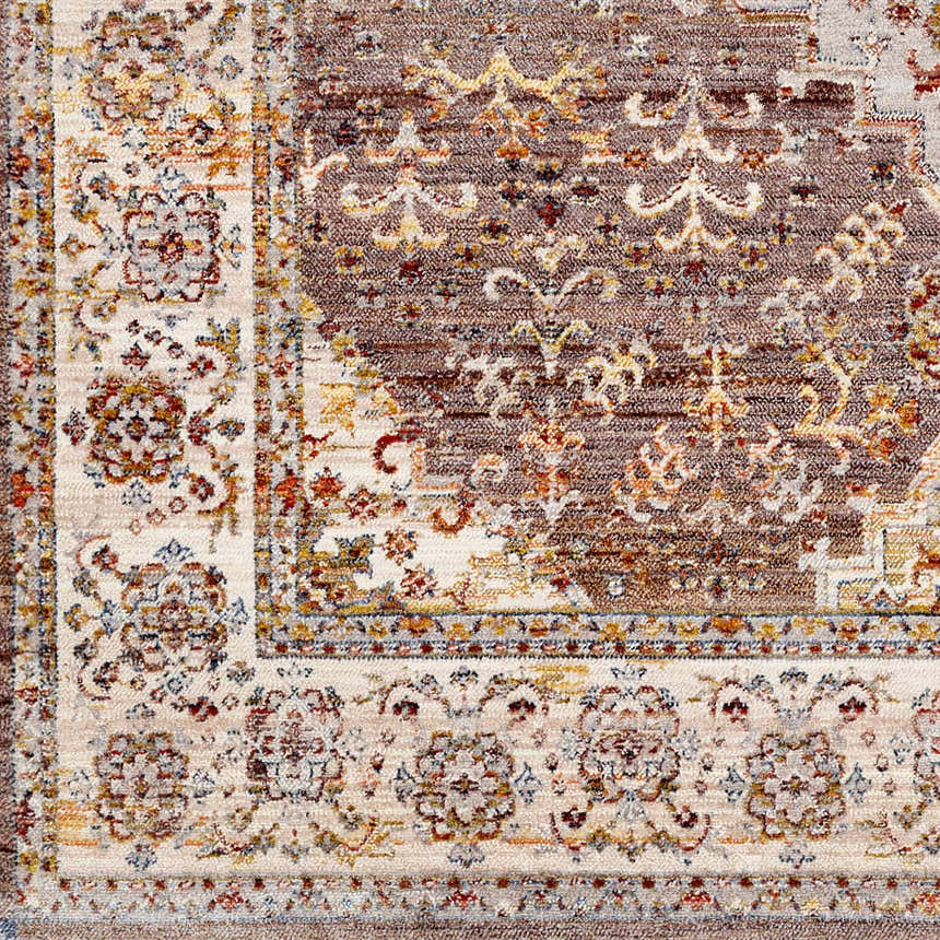 Close-up of the Bourget Area Carpet showing its brick red, cream, and brown traditional floral pattern. Swatch