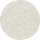 Close-up of a round Beige Braided Faux Jute Rug. Cream, brown, and charcoal braided texture. Contemporary style. Design-Round-55