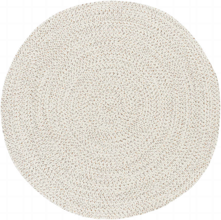 Close-up of a round Beige Braided Faux Jute Rug. Cream, brown, and charcoal braided texture. Contemporary style. Design-Round-55