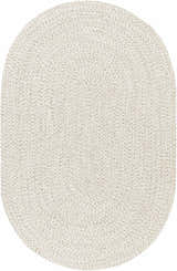 Close-up of an oval Beige Braided Faux Jute Rug. Cream and brown woven texture. Contemporary farmhouse style. Design-Oval-575