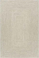 Close-up of a Beige Braided Faux Jute Rug. Neutral cream, brown, and charcoal tones create a subtle braided texture. Design-Rectangle-576