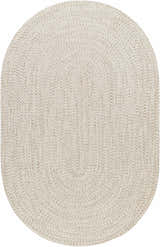 Close-up of a beige oval Braided Faux Jute Rug. The rug has a textured, woven design with subtle brown and cream hues. Design-Oval-576