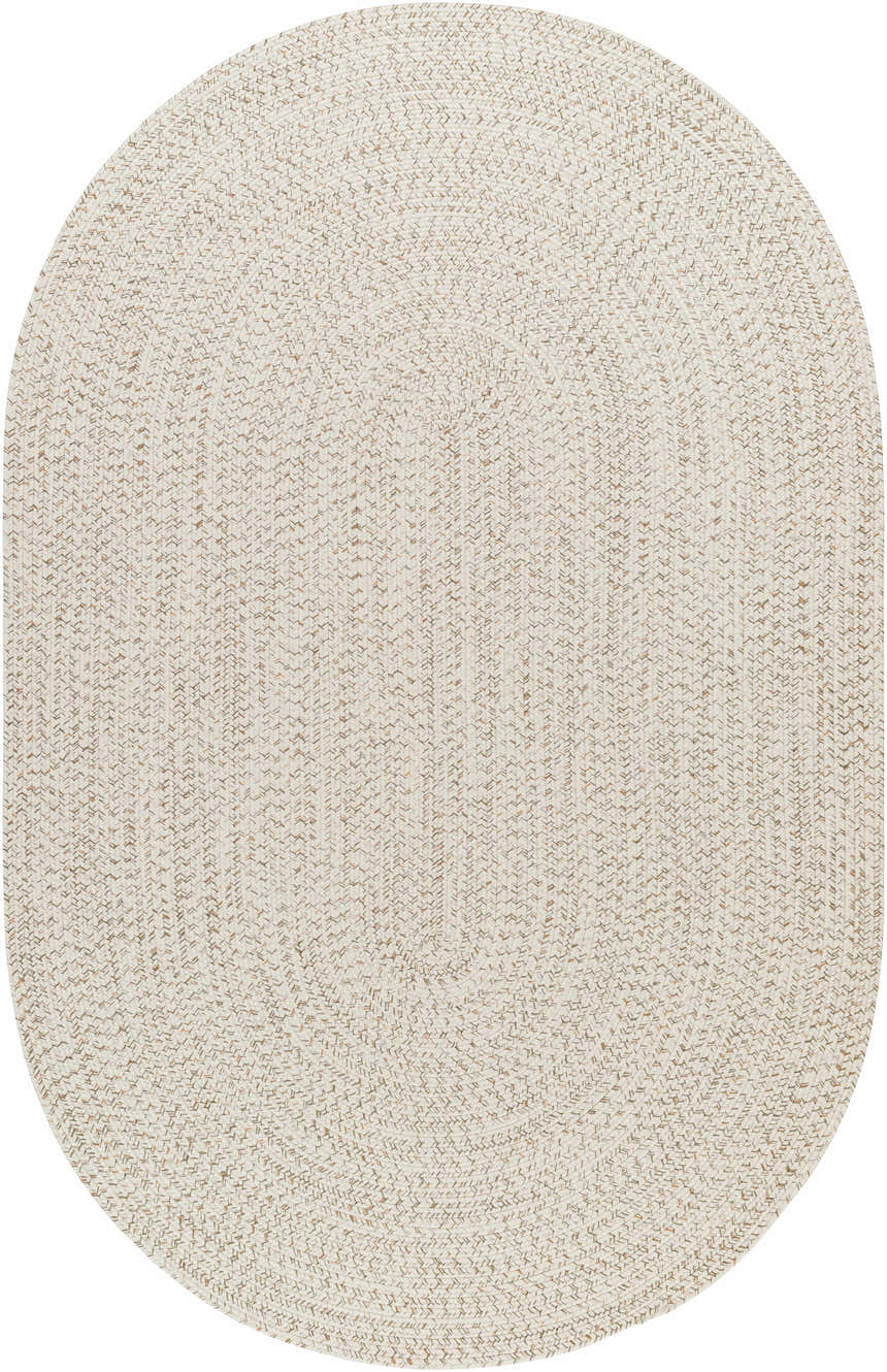 Close-up of a beige oval Braided Faux Jute Rug. The rug has a textured, woven design with subtle brown and cream hues. Design-Oval-576