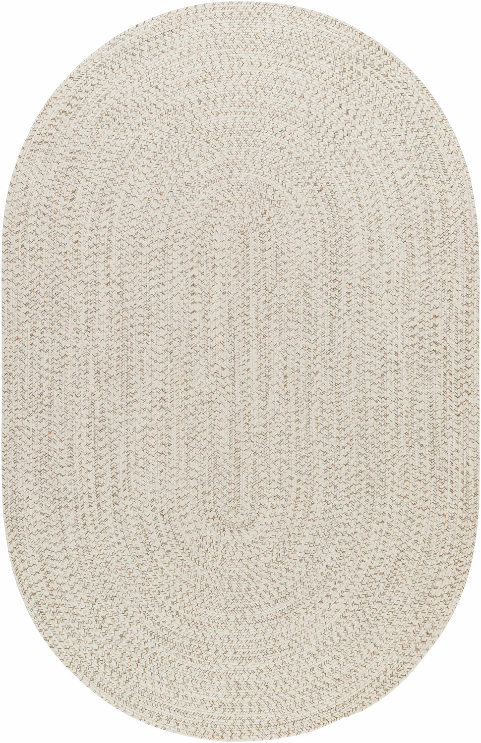 Close-up of a beige oval Braided Faux Jute Rug. The rug has a textured, woven design with subtle brown and cream hues. Design-Oval-576