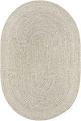 Close-up of an oval Beige Braided Faux Jute Rug. Neutral bleached jute, brown, and cream tones with a woven texture. Design-Oval-69