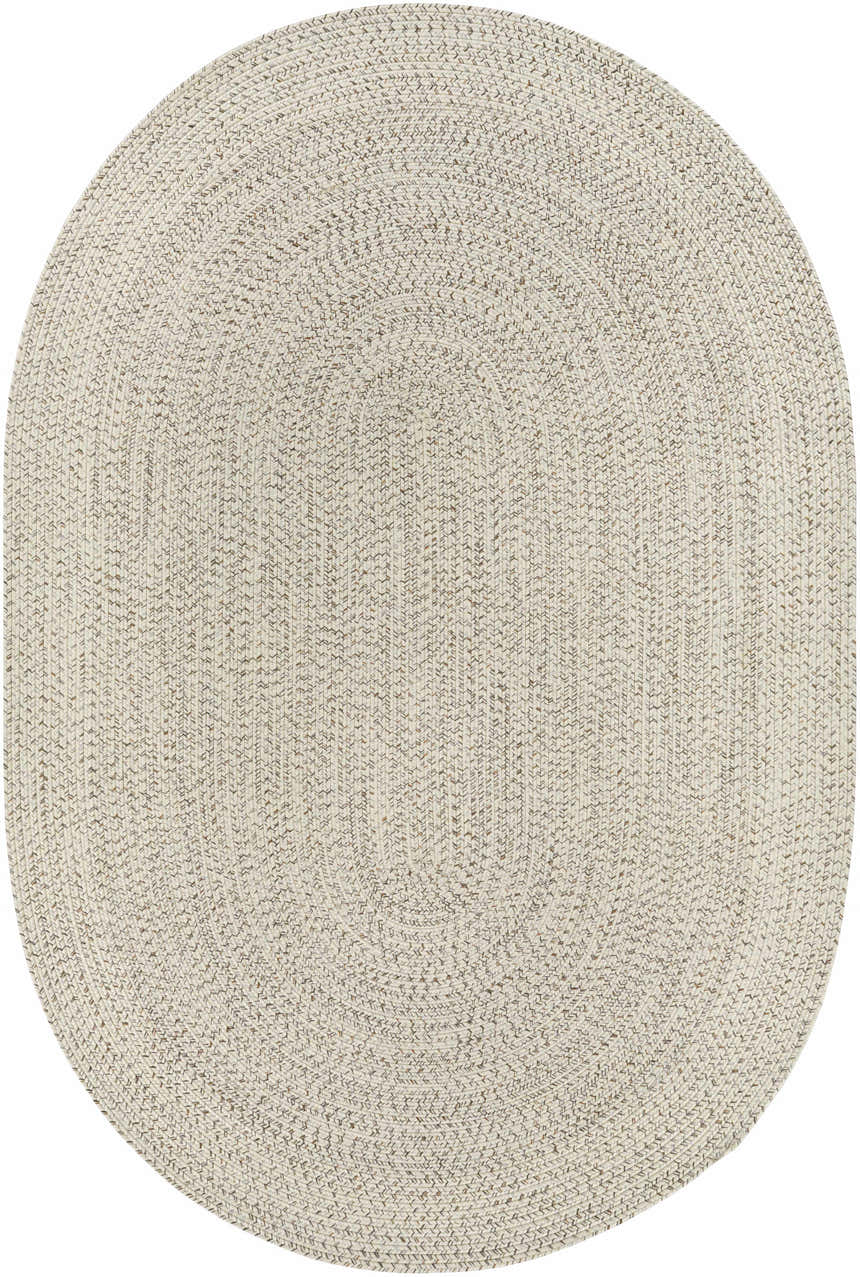 Close-up of an oval Beige Braided Faux Jute Rug. Neutral bleached jute, brown, and cream tones with a woven texture. Design-Oval-69
