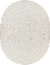 Close-up of an oval Beige Braided Faux Jute Rug. Neutral bleached jute, brown, and cream tones create a textured, woven design. Design-Oval-7595