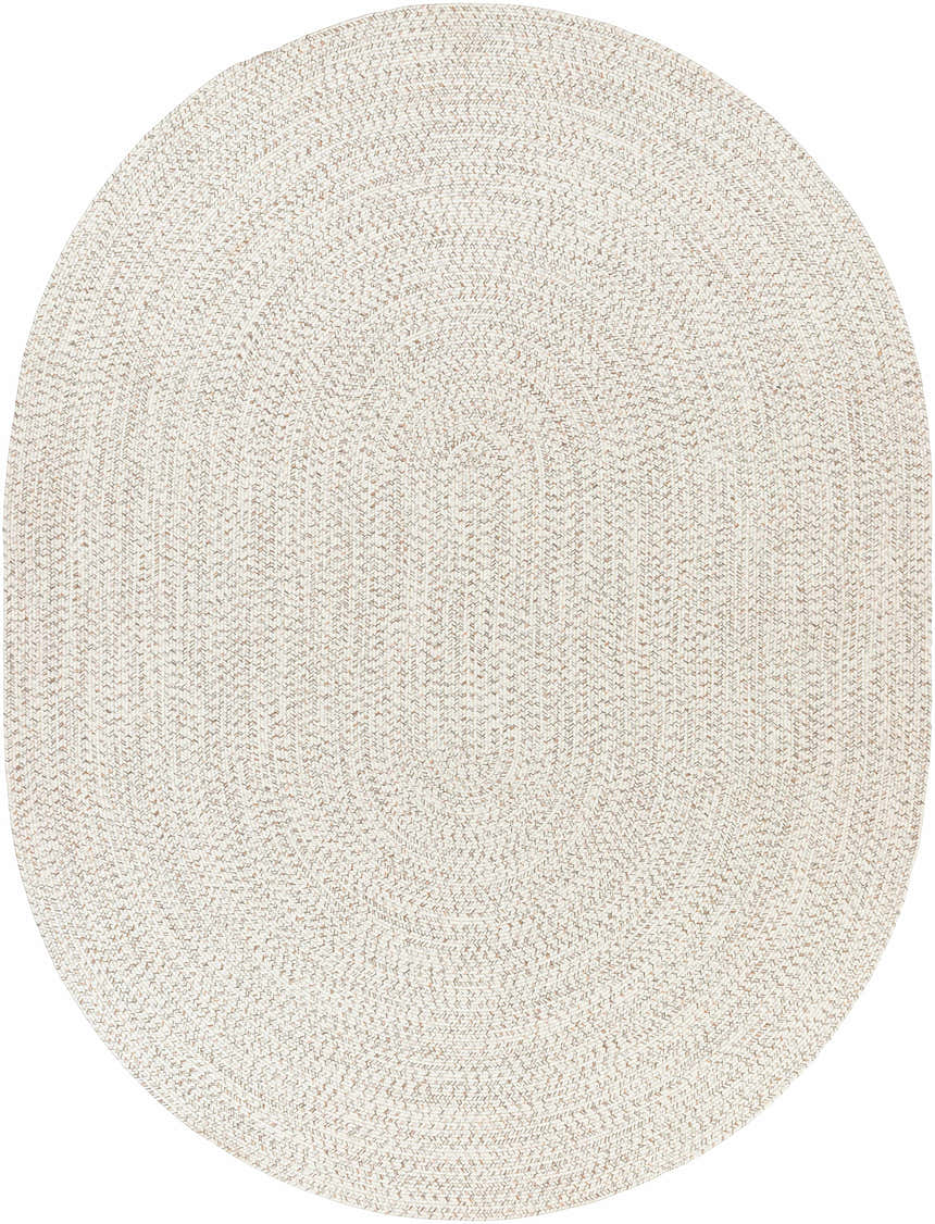 Close-up of an oval Beige Braided Faux Jute Rug. Neutral bleached jute, brown, and cream tones create a textured, woven design. Design-Oval-7595