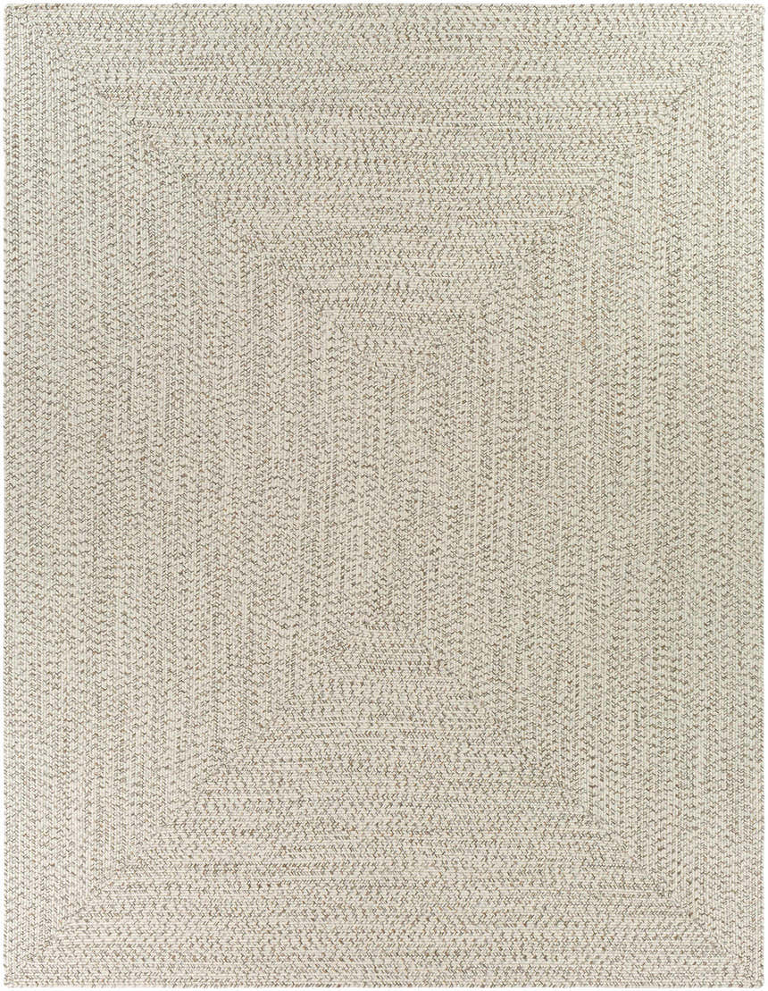 Close-up of a Beige Braided Faux Jute Rug. Neutral tones of cream and brown create a subtle braided texture. Design-Rectangle-7696
