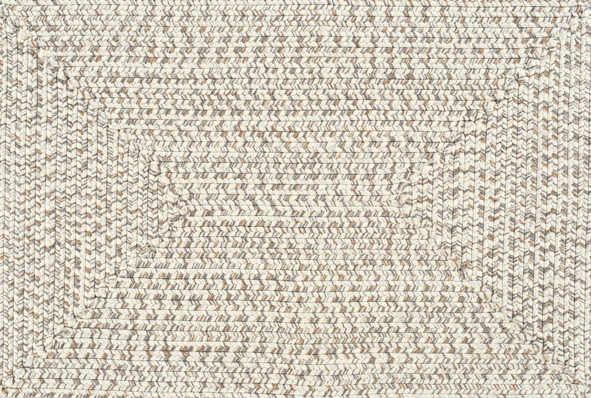 Close-up of the Beige Braided Faux Jute Rug. Braided texture in bleached jute, brown, charcoal, and cream colors. Swatch