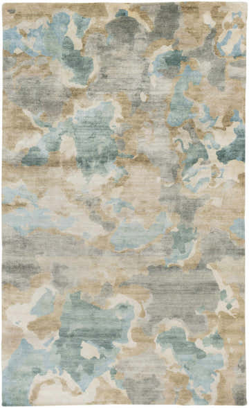 Close-up of Briceville Premium Area Rug. Ivory, medium green, pale blue, peach, and wheat abstract pattern. Hand-knotted wool texture. Design-Rectangle-58