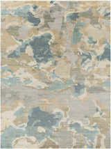 Close-up of Briceville Premium Area Rug. Abstract design in ivory, medium green, pale blue, peach, and wheat. Hand-knotted wool texture. Design-Rectangle-811